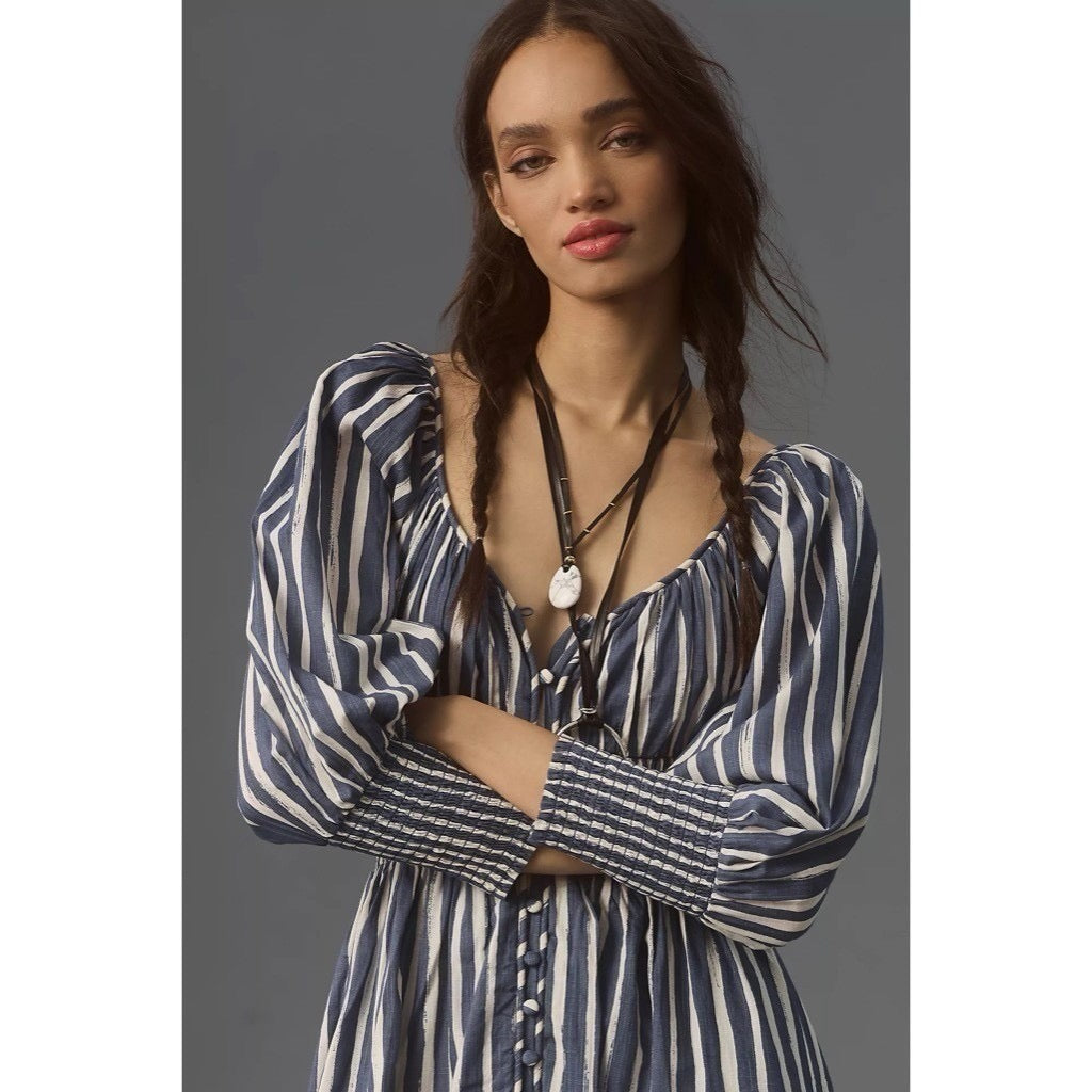NWT!! By ANTHROPOLOGIE Long Sleeve Sweetheart Midi Dress Blue White Striped XS