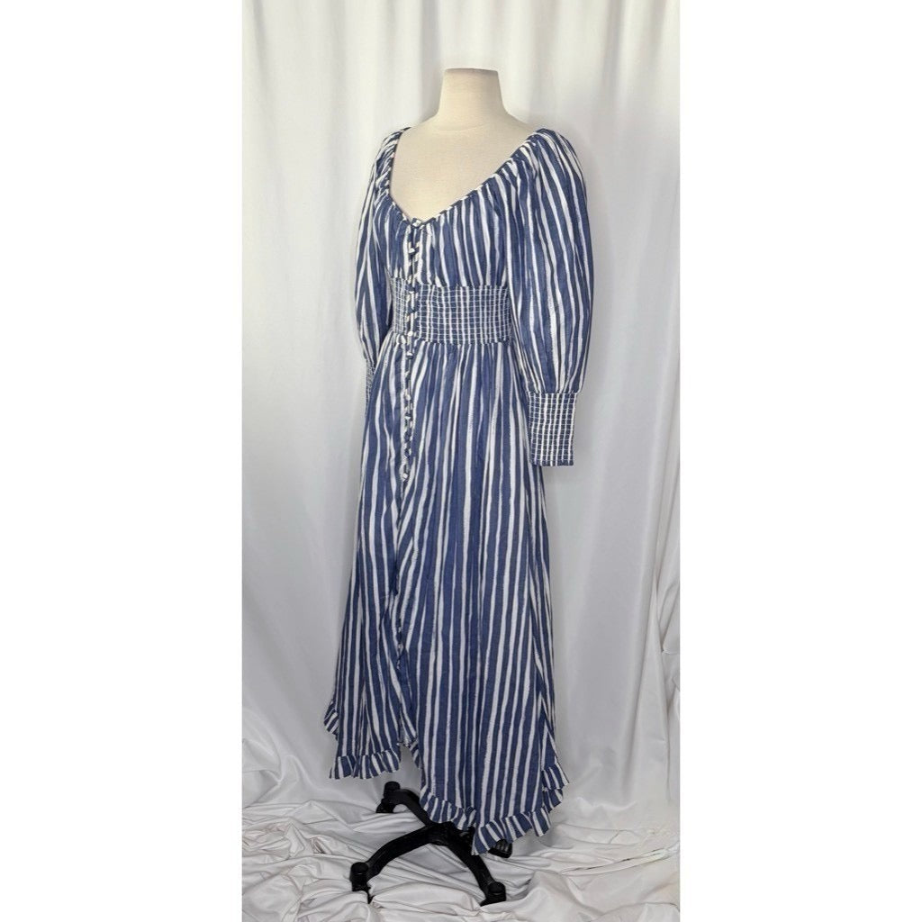 NWT!! By ANTHROPOLOGIE Long Sleeve Sweetheart Midi Dress Blue White Striped XS