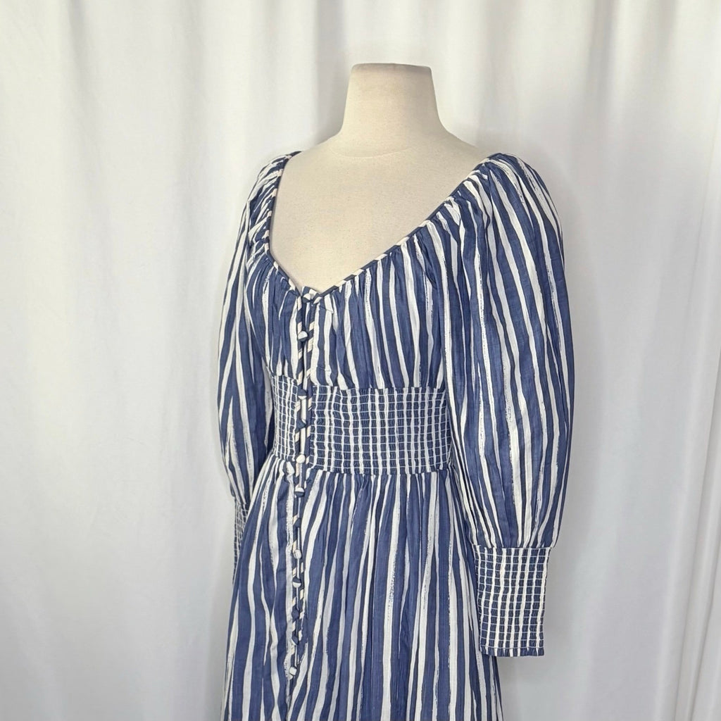 NWT!! By ANTHROPOLOGIE Long Sleeve Sweetheart Midi Dress Blue White Striped XS