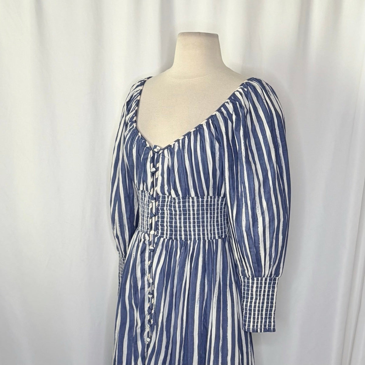 NWT!! By ANTHROPOLOGIE Long Sleeve Sweetheart Midi Dress Blue White Striped XS