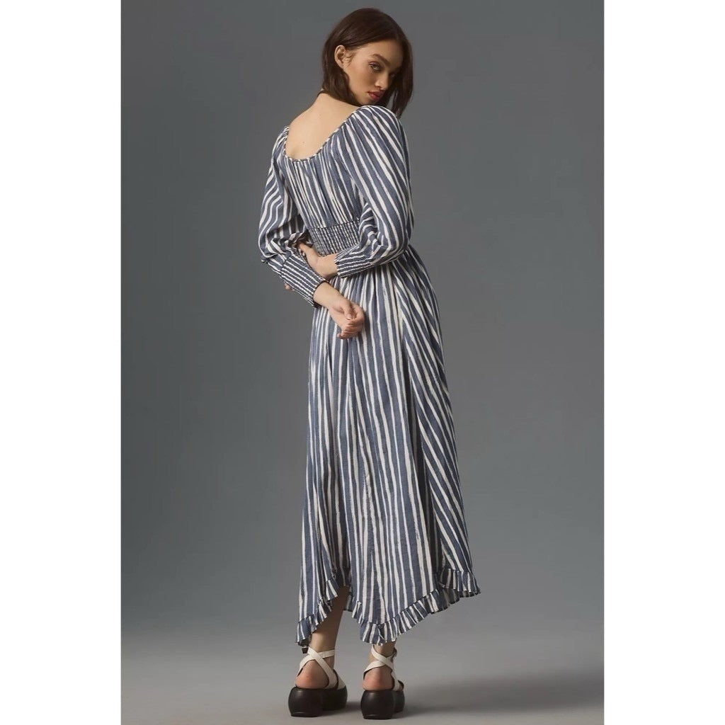 NWT!! By ANTHROPOLOGIE Long Sleeve Sweetheart Midi Dress Blue White Striped XS