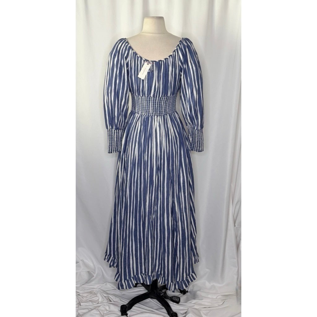 NWT!! By ANTHROPOLOGIE Long Sleeve Sweetheart Midi Dress Blue White Striped XS