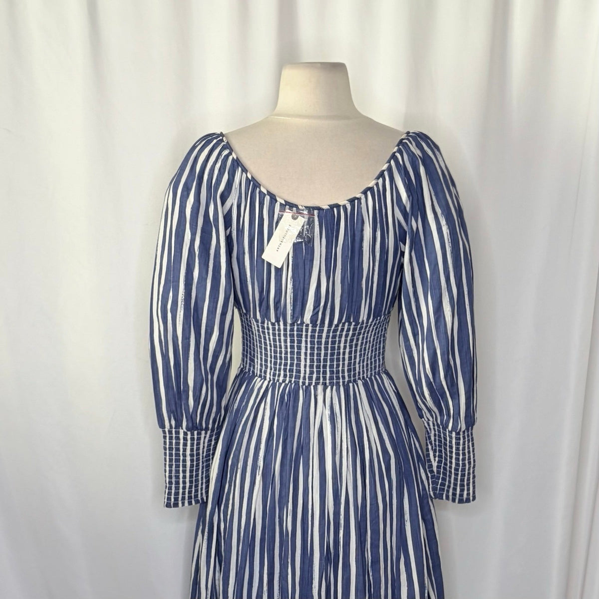 NWT!! By ANTHROPOLOGIE Long Sleeve Sweetheart Midi Dress Blue White Striped XS
