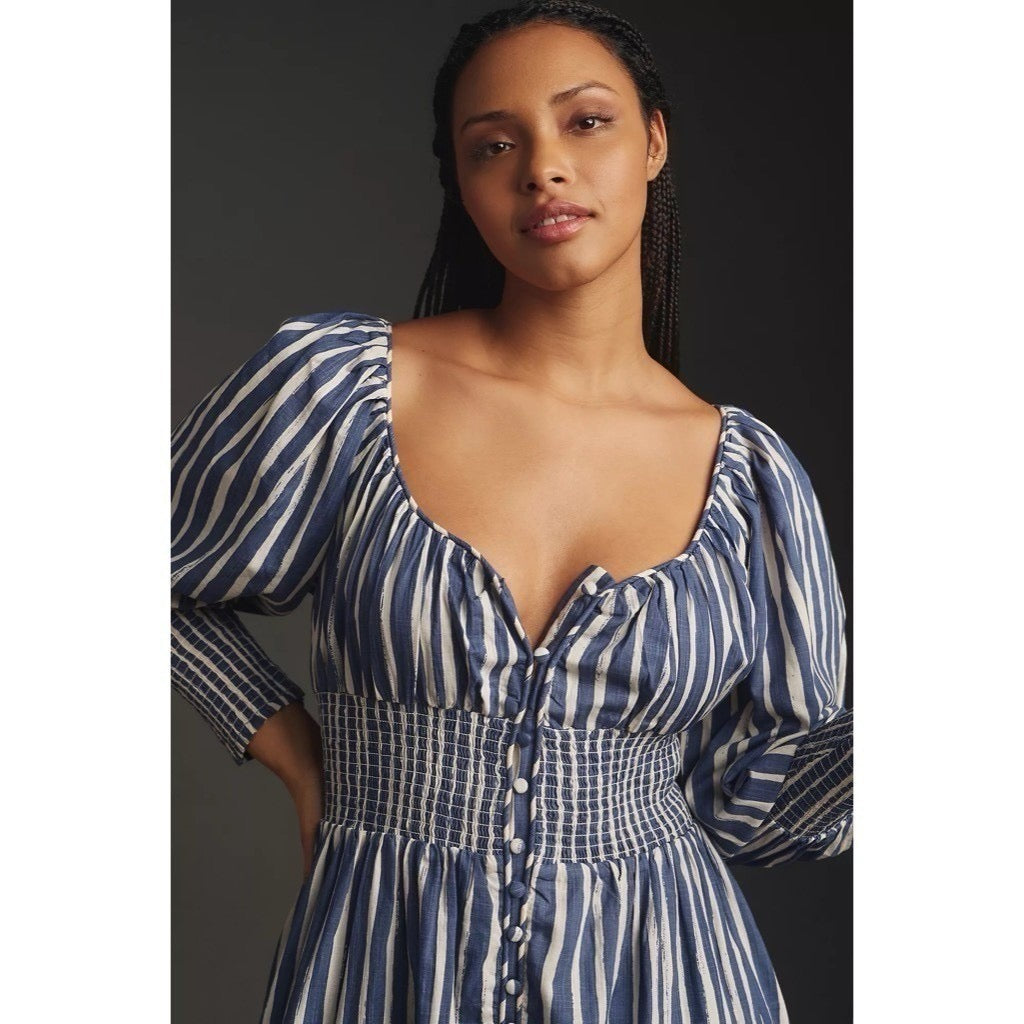 NWT!! By ANTHROPOLOGIE Long Sleeve Sweetheart Midi Dress Blue White Striped XS