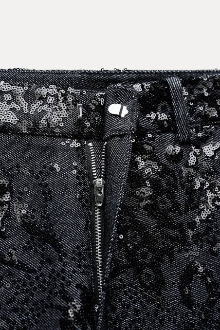 ZARA ZW Collection Sequin Paisley Straight Leg Jeans Black Runway Size 2