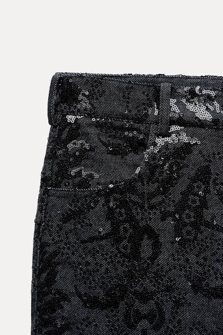 ZARA ZW Collection Sequin Paisley Straight Leg Jeans Black Runway Size 2