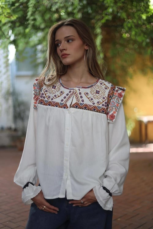 ANTIK BATIK Bernadette Embroidered Cotton Blouse White Boho Bohemian Small 38