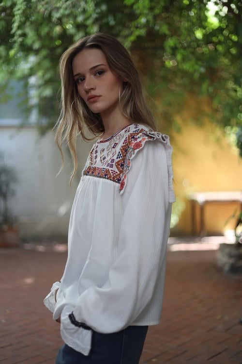 ANTIK BATIK Bernadette Embroidered Cotton Blouse White Boho Bohemian Small 38