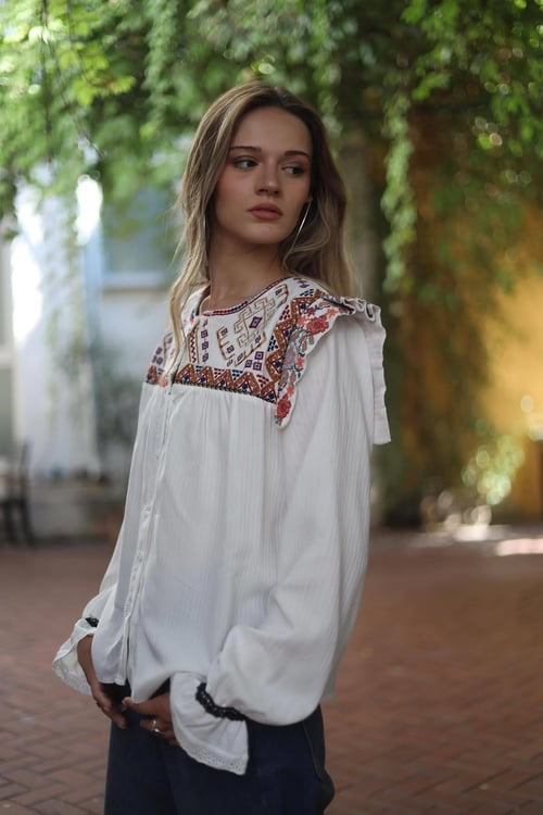 ANTIK BATIK Bernadette Embroidered Cotton Blouse White Boho Bohemian Small 38