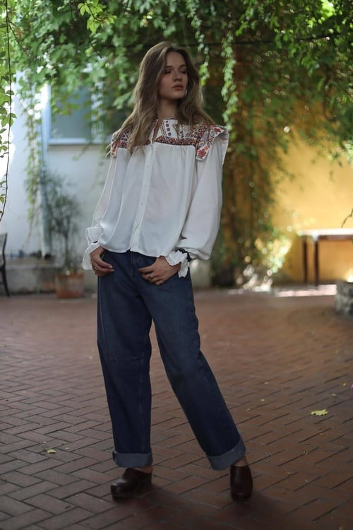 ANTIK BATIK Bernadette Embroidered Cotton Blouse White Boho Bohemian Small 38