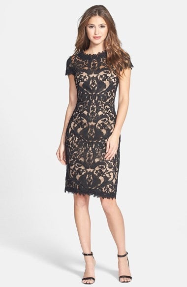 TADASHI SHOJI Illusion Yoke Lace Sheath Dress Black Nude Cap Sleeves Size 8