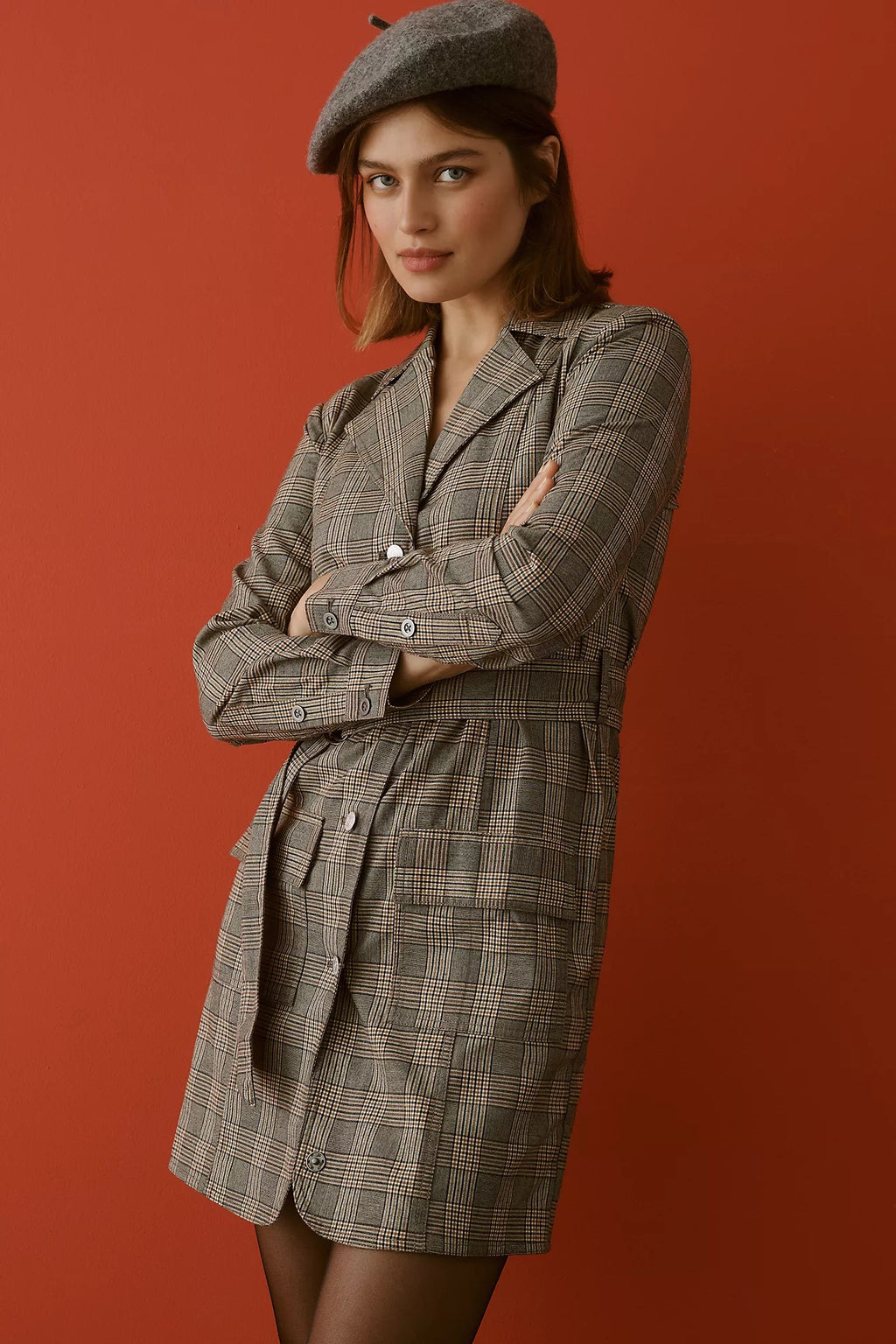 Anthropologie PILCRO Belted Blazer Dress Plaid Glen Check Brown Pockets Medium