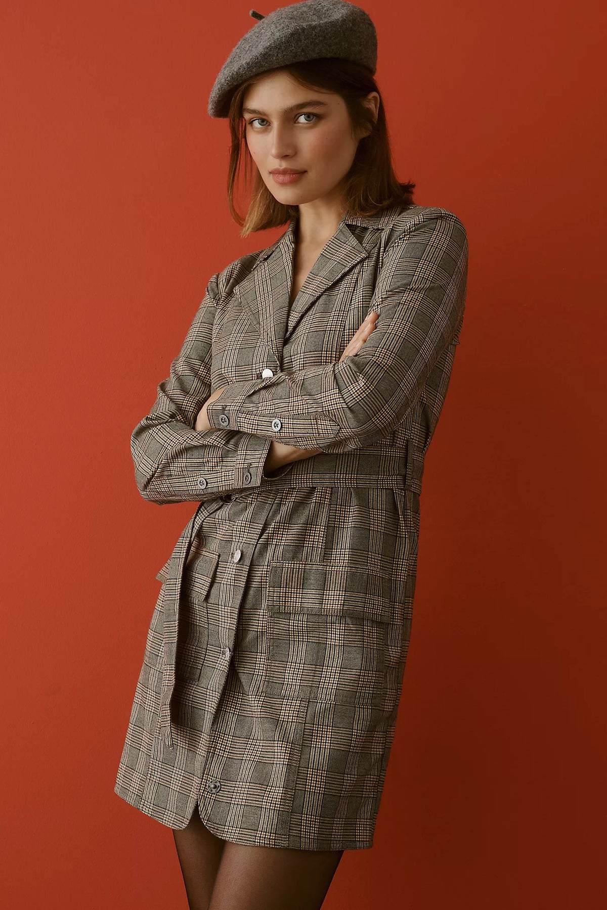 Anthropologie PILCRO Belted Blazer Dress Plaid Glen Check Brown Pockets Medium