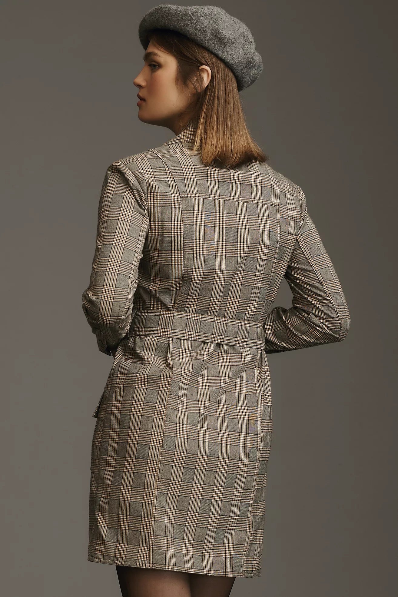 Anthropologie PILCRO Belted Blazer Dress Plaid Glen Check Brown Pockets Medium
