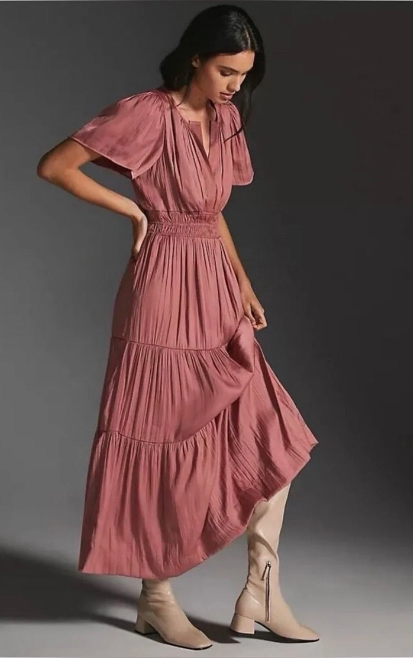 ANTHROPOLOGIE Somerset Satin Maxi Dress Rose Pink Mauve X-Small Petite XSP