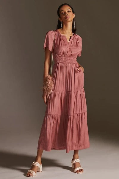 ANTHROPOLOGIE Somerset Satin Maxi Dress Rose Pink Mauve X-Small Petite XSP