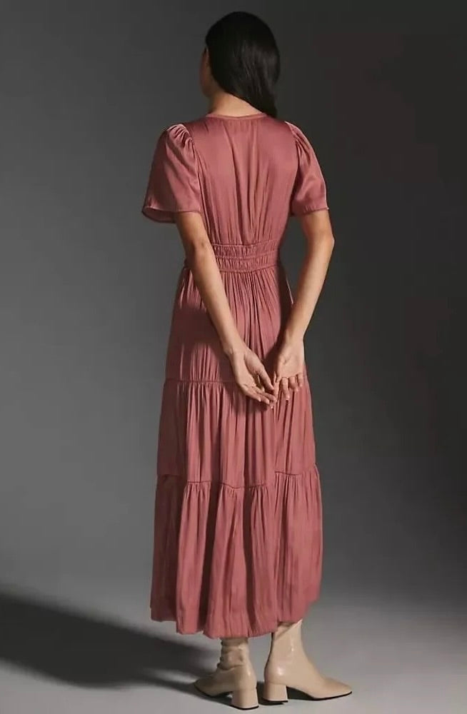 ANTHROPOLOGIE Somerset Satin Maxi Dress Rose Pink Mauve X-Small Petite XSP
