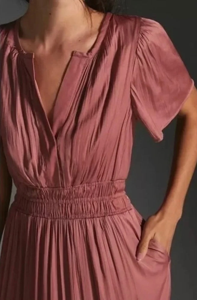 ANTHROPOLOGIE Somerset Satin Maxi Dress Rose Pink Mauve X-Small Petite XSP