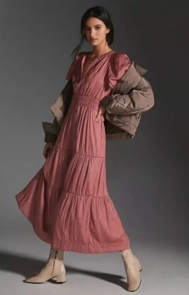 ANTHROPOLOGIE Somerset Satin Maxi Dress Rose Pink Mauve X-Small Petite XSP