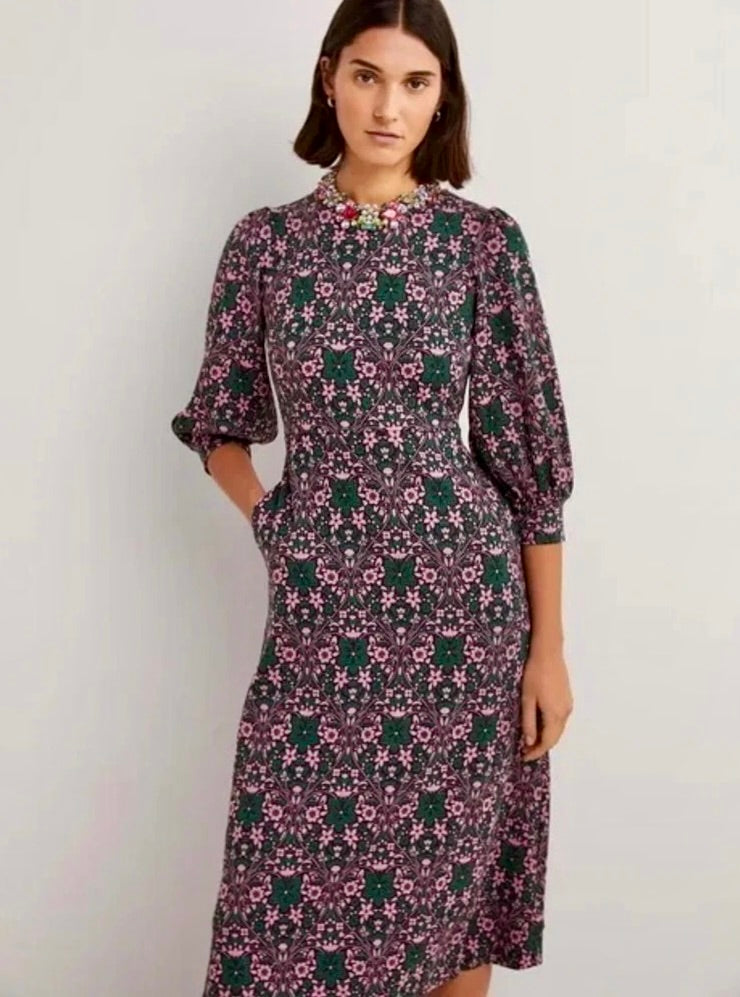 BODEN Blouson Sleeve Jacquard Midi Dress Heart Bloom Floral Green Pink US Size 2