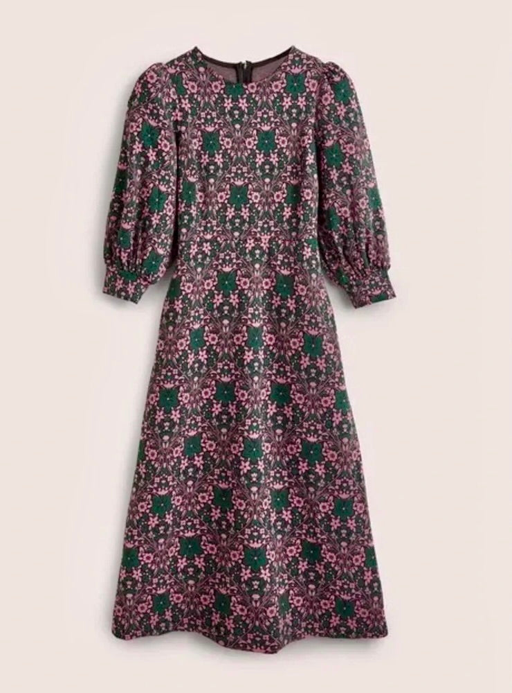 BODEN Blouson Sleeve Jacquard Midi Dress Heart Bloom Floral Green Pink US Size 2