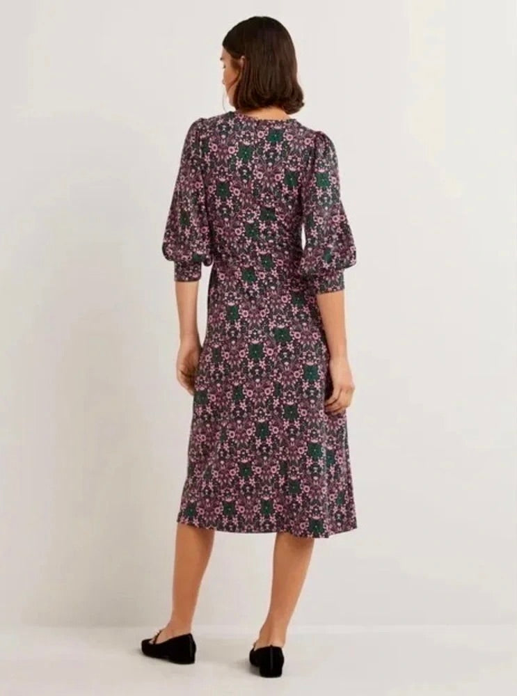 BODEN Blouson Sleeve Jacquard Midi Dress Heart Bloom Floral Green Pink US Size 2
