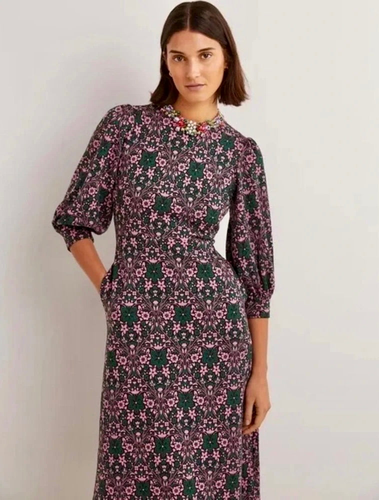 BODEN Blouson Sleeve Jacquard Midi Dress Heart Bloom Floral Green Pink US Size 2