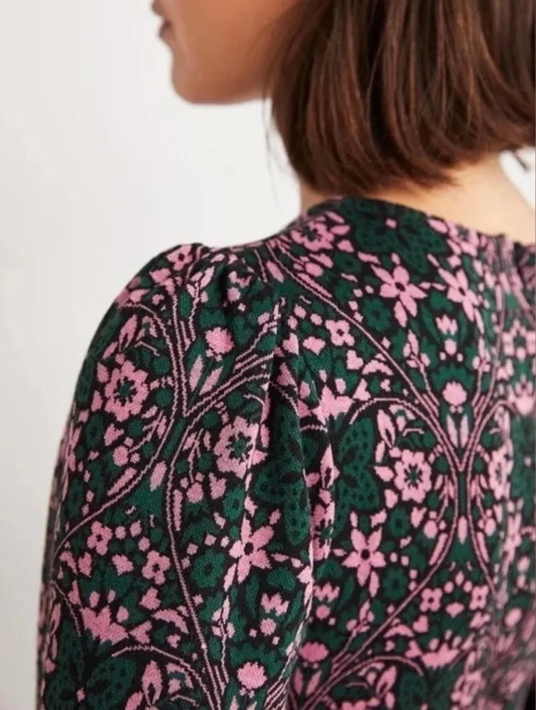 BODEN Blouson Sleeve Jacquard Midi Dress Heart Bloom Floral Green Pink US Size 2