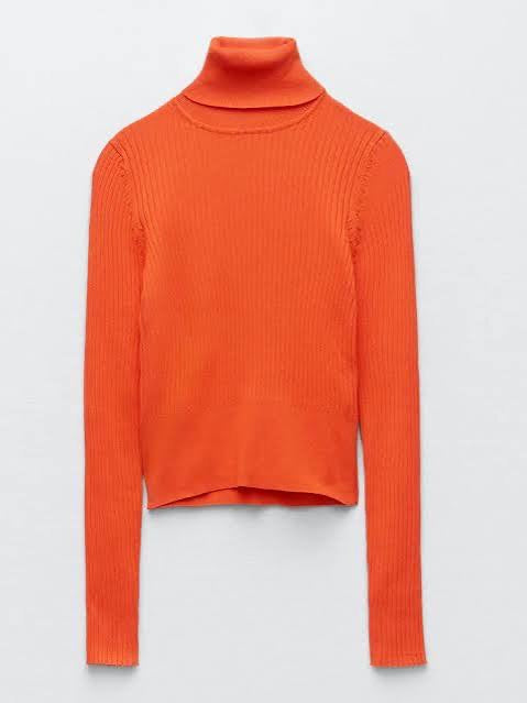 NWT!! ZARA Ribbed Turtleneck Sweater Bright Orange Fitted Knit Cropped Small