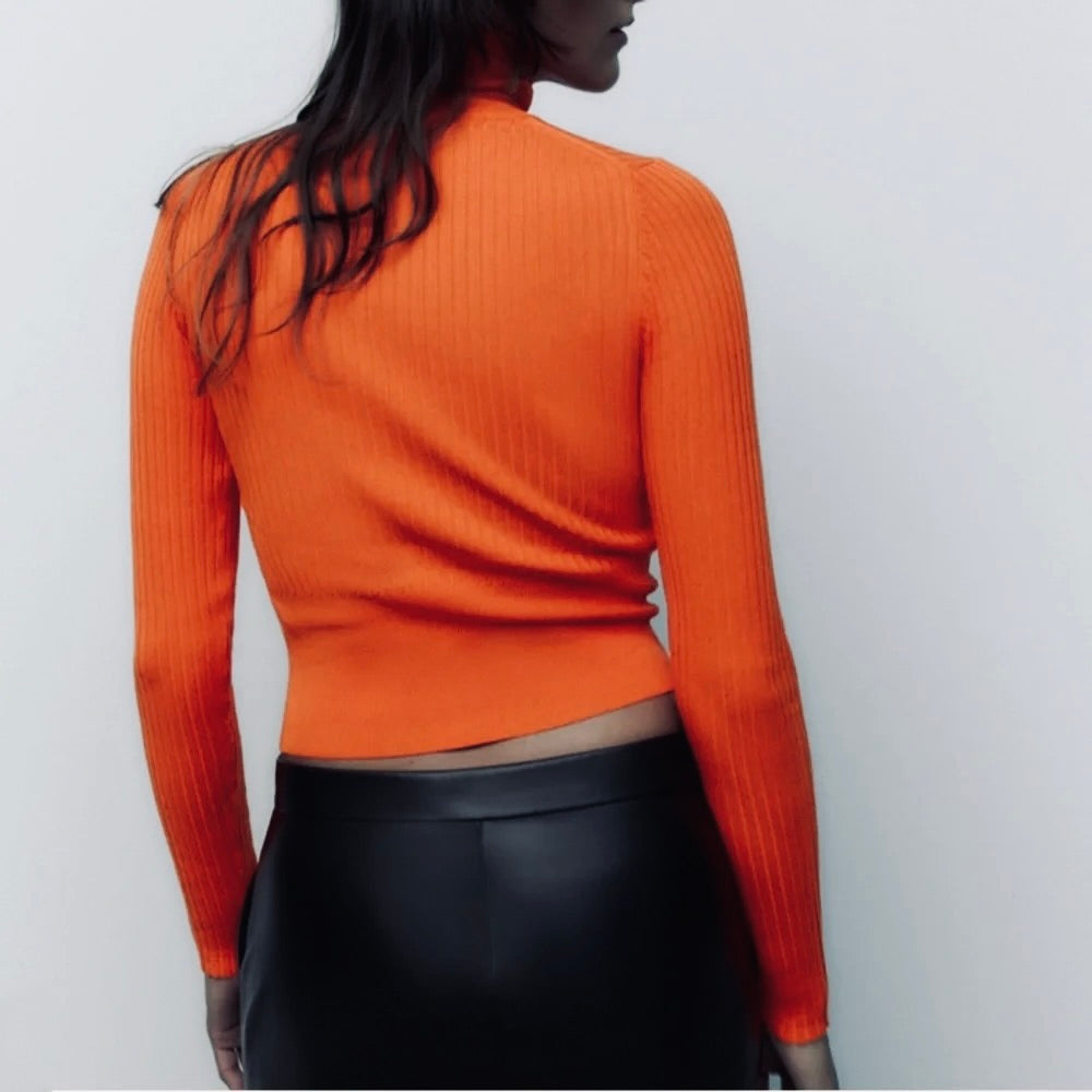 NWT!! ZARA Ribbed Turtleneck Sweater Bright Orange Fitted Knit Cropped Small