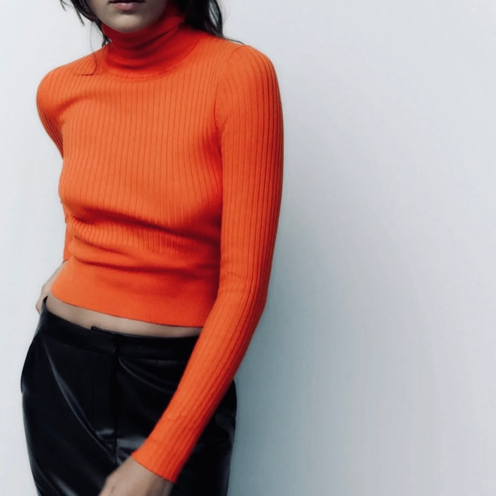 NWT!! ZARA Ribbed Turtleneck Sweater Bright Orange Fitted Knit Cropped Small