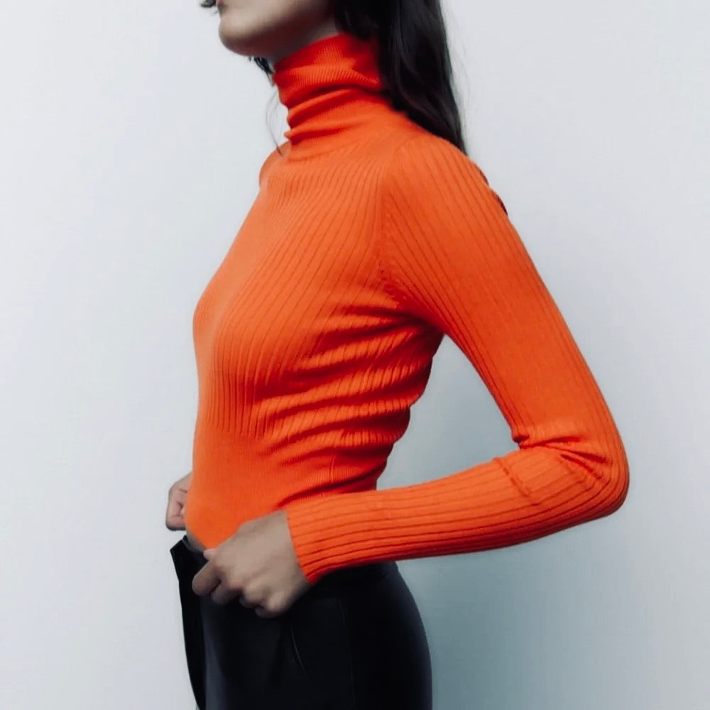 NWT!! ZARA Ribbed Turtleneck Sweater Bright Orange Fitted Knit Cropped Small