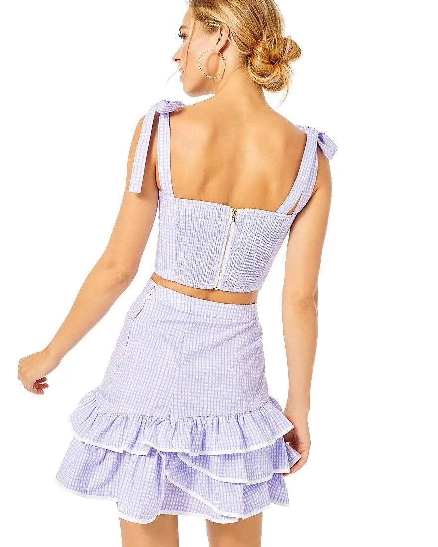 LILLY PULITZER Rosalie Lilac Gingham Crop Top Ruffle Skirt 2 Piece Size 2