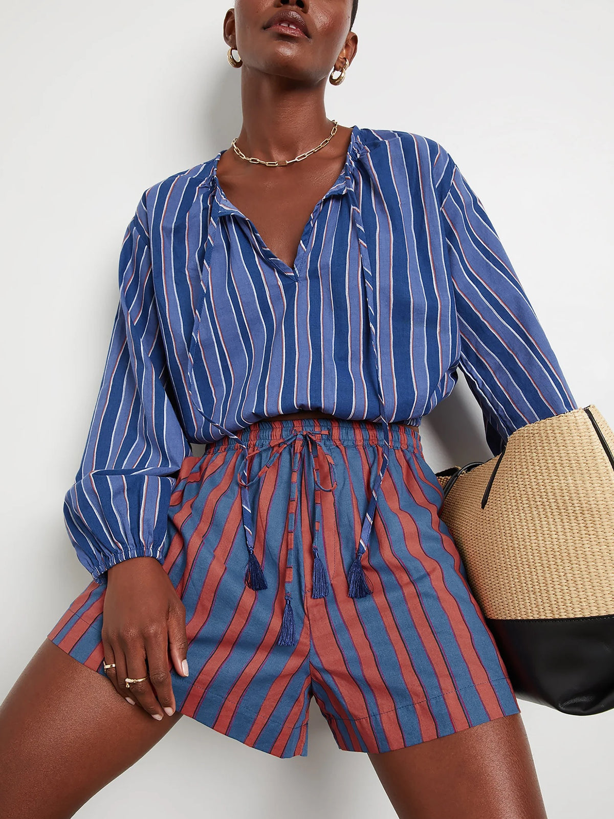 NATALIE MARTIN Amelia Top Batik Stripe Navy Cotton Tassel Tie Blouse Top Small