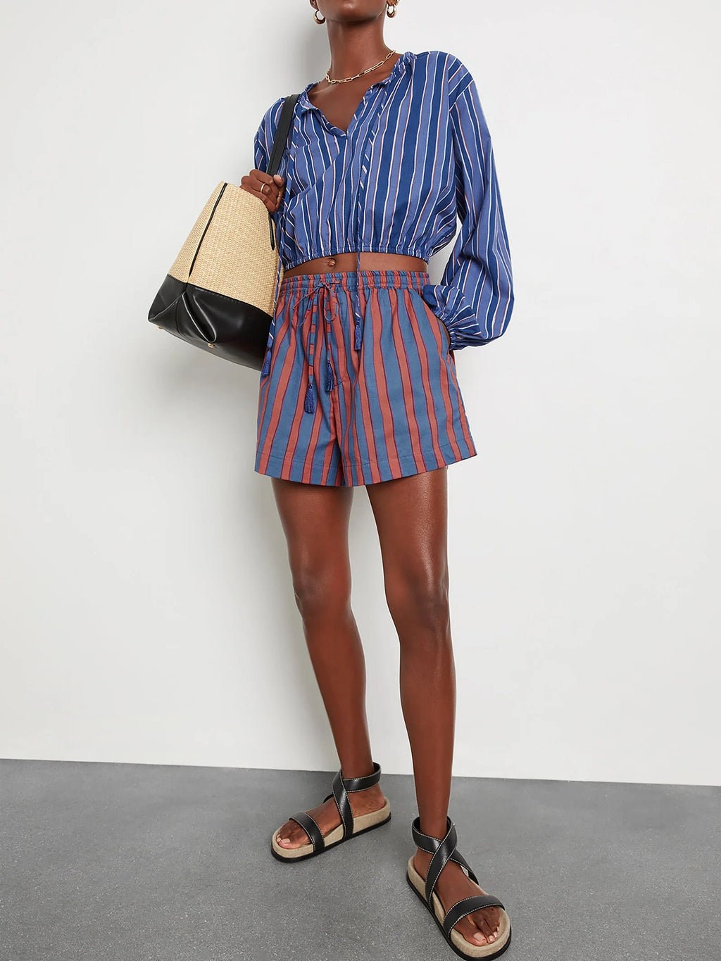 NATALIE MARTIN Amelia Top Batik Stripe Navy Cotton Tassel Tie Blouse Top Small