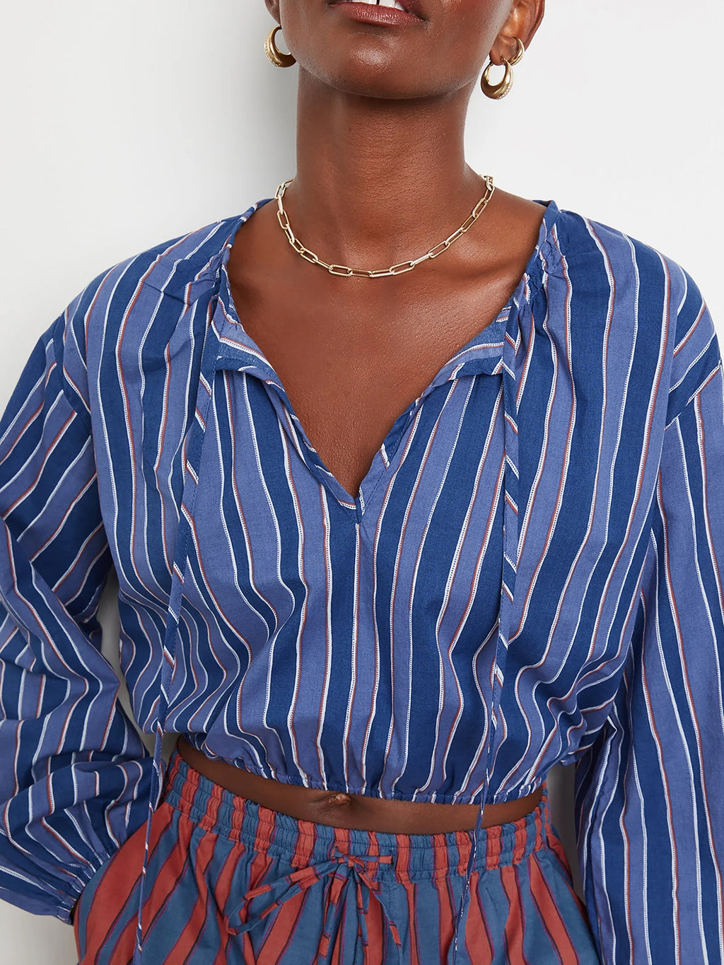 NATALIE MARTIN Amelia Top Batik Stripe Navy Cotton Tassel Tie Blouse Top Small