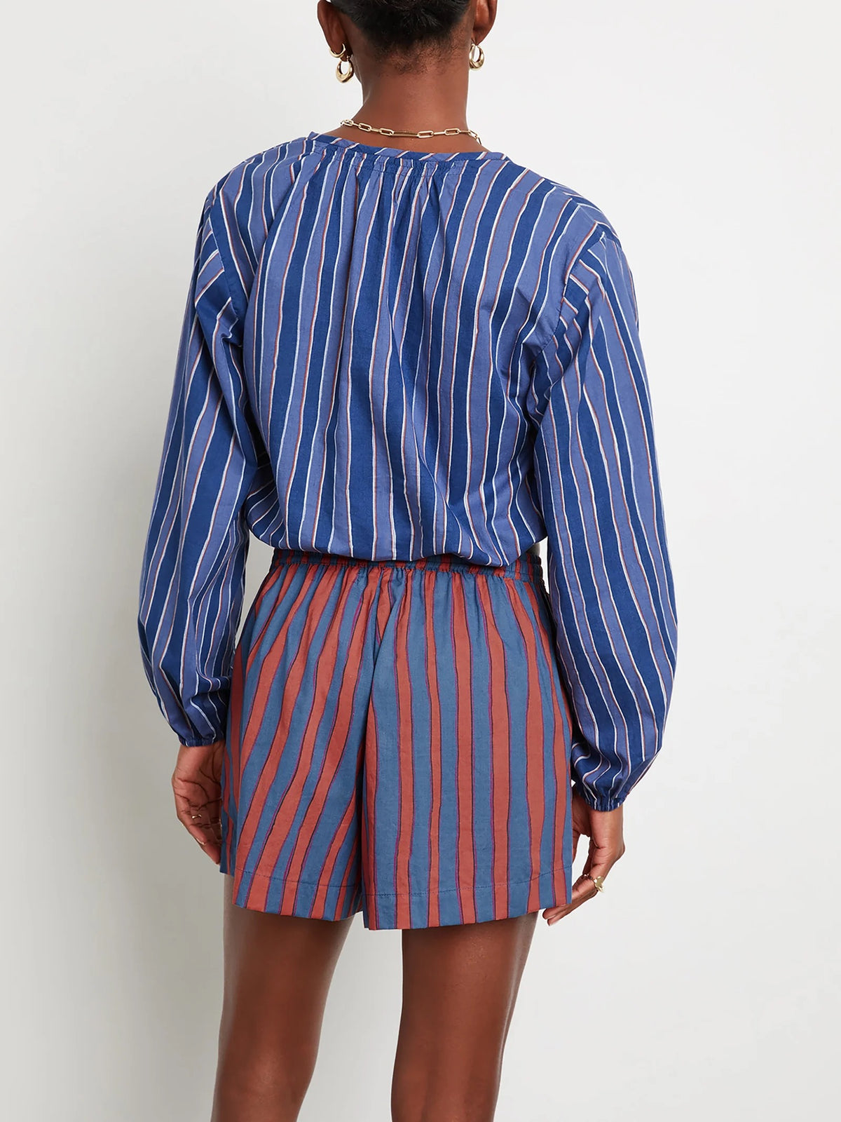 NATALIE MARTIN Amelia Top Batik Stripe Navy Cotton Tassel Tie Blouse Top Small