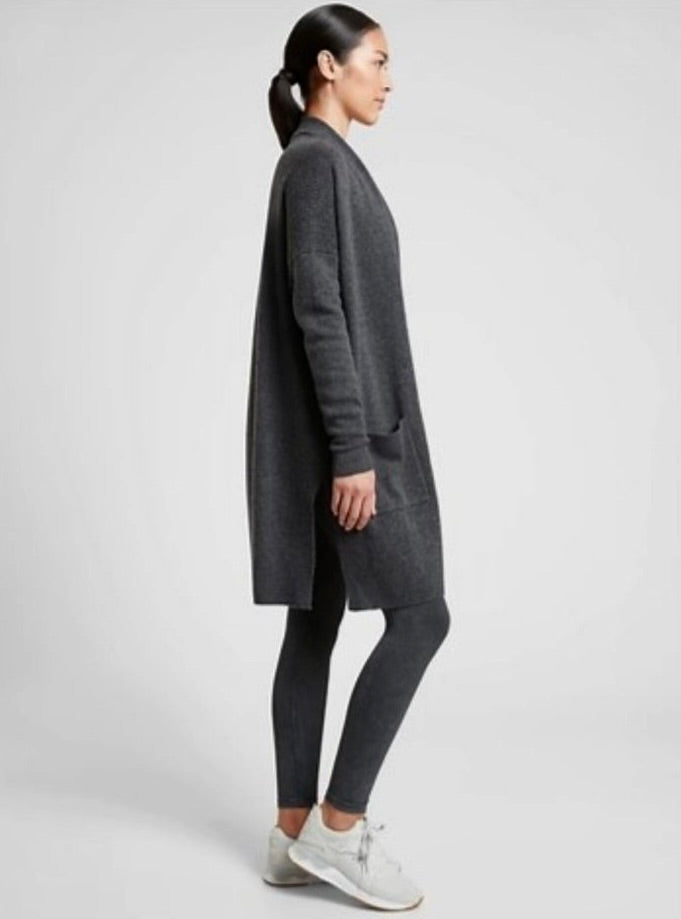 ATHLETA Spirit Wool Cashmere Wrap Cardigan Gray Longline Duster Pockets Small