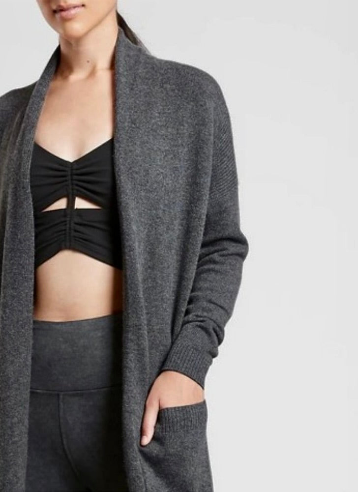 ATHLETA Spirit Wool Cashmere Wrap Cardigan Gray Longline Duster Pockets Small