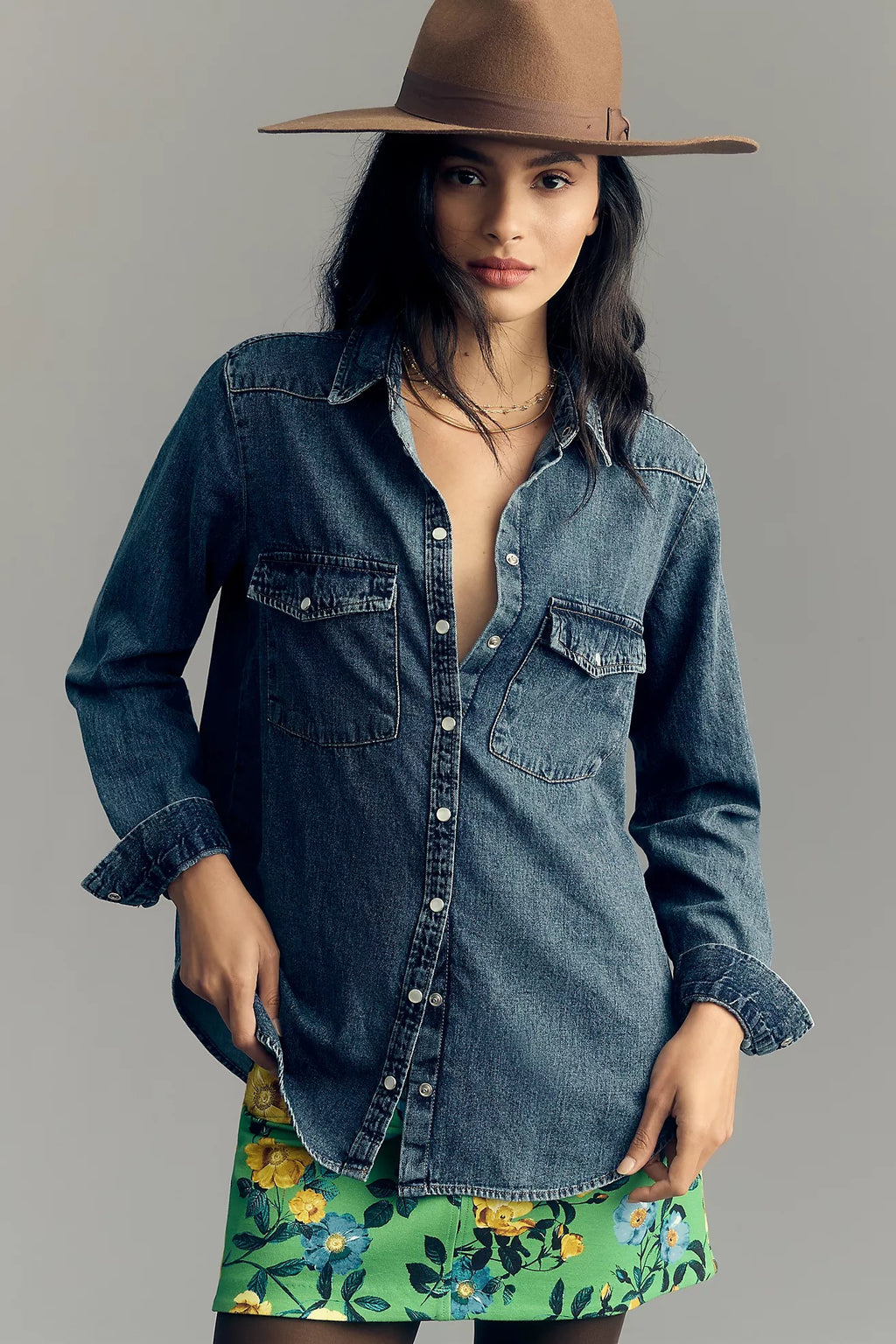 Anthropologie PILCRO Dannie Classic Denim Shirt Western Snap Puff Sleeve XXS