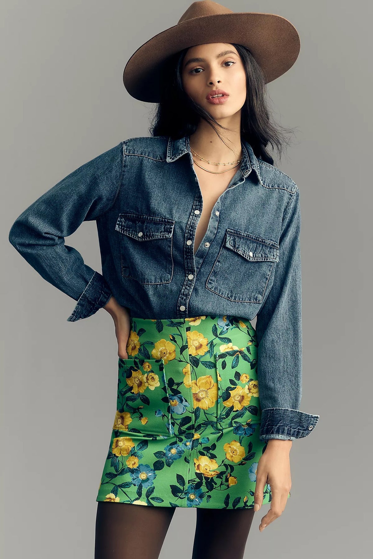 Anthropologie PILCRO Dannie Classic Denim Shirt Western Snap Puff Sleeve XXS
