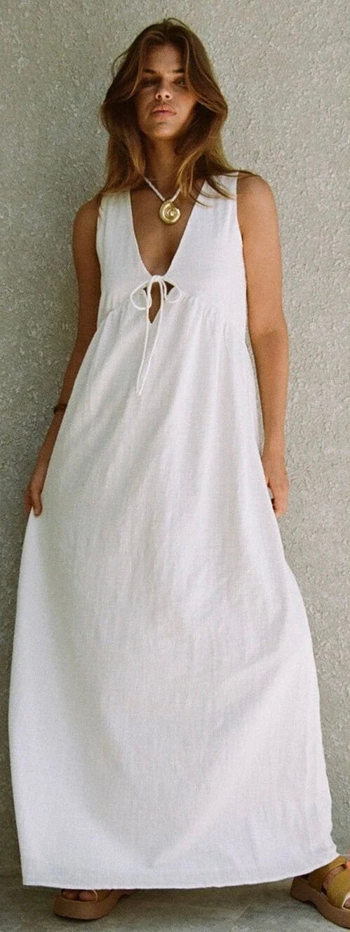 SABO Hara Dress White Textured Cotton V Neck Tie Maxi Dress X-Large US 10