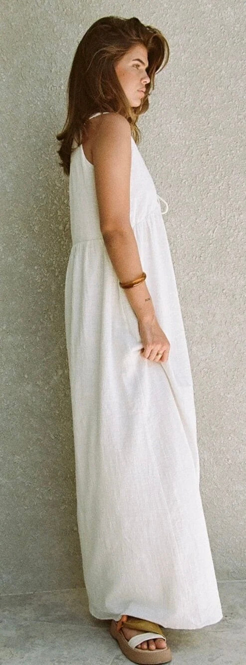 SABO Hara Dress White Textured Cotton V Neck Tie Maxi Dress X-Large US 10