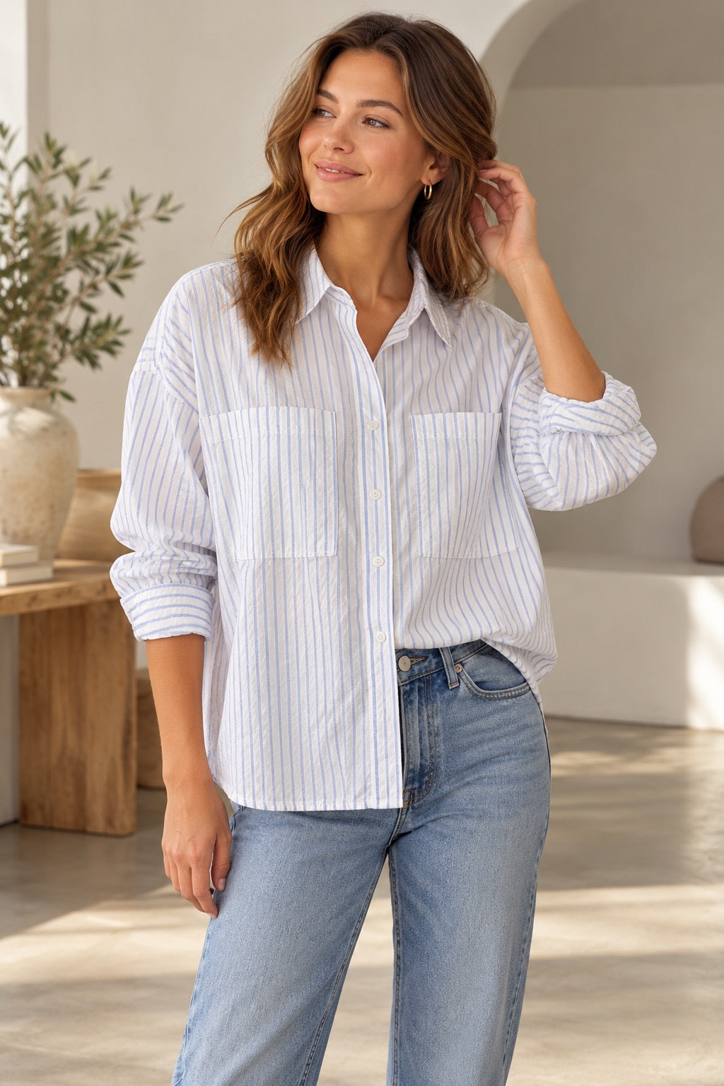 EVERLANE The Boxy Oxford Shirt Blue White Stripe Organic Cotton Oversized Small