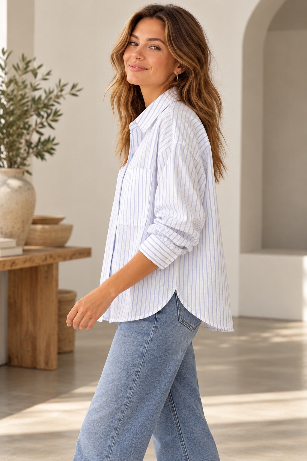 EVERLANE The Boxy Oxford Shirt Blue White Stripe Organic Cotton Oversized Small