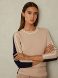 REISS Annie Wool Cashmere Colourblock Sweater Neutral Navy Crew Neck Medium