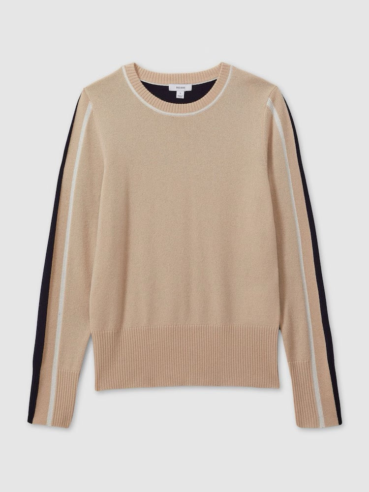 REISS Annie Wool Cashmere Colourblock Sweater Neutral Navy Crew Neck Medium