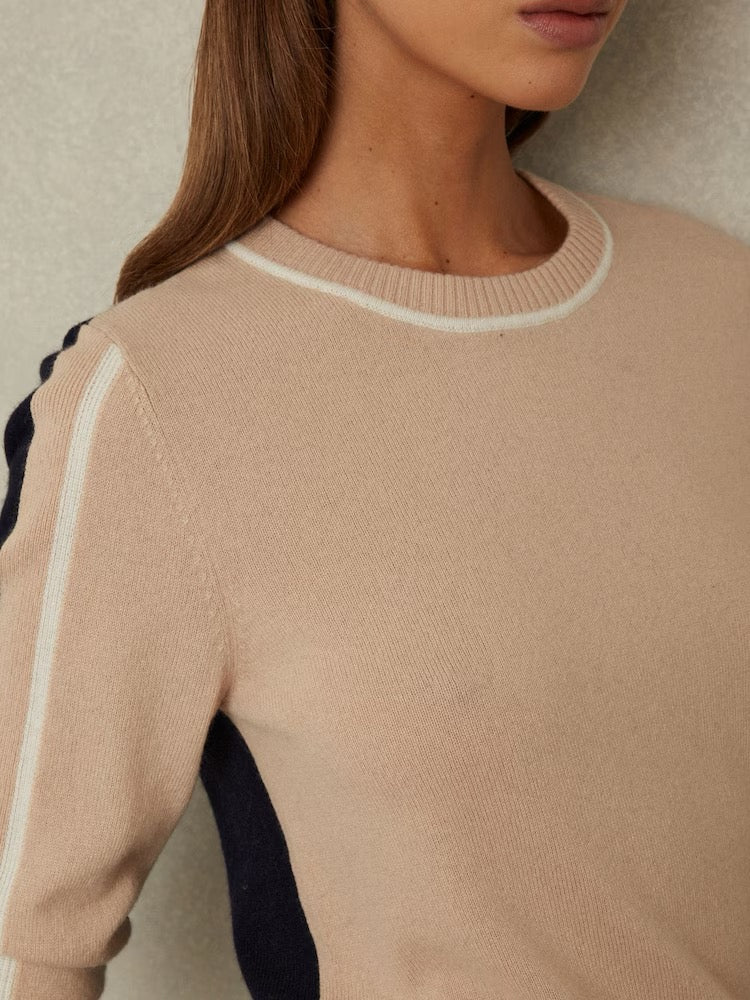 REISS Annie Wool Cashmere Colourblock Sweater Neutral Navy Crew Neck Medium