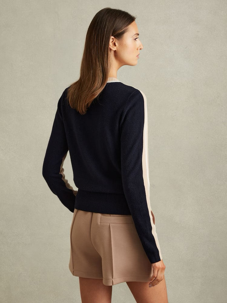 REISS Annie Wool Cashmere Colourblock Sweater Neutral Navy Crew Neck Medium