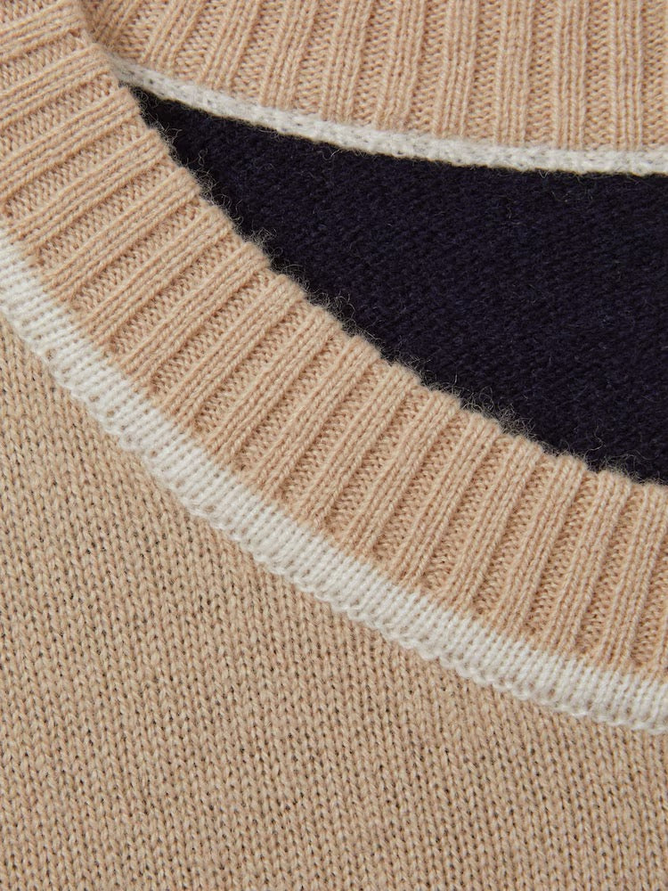 REISS Annie Wool Cashmere Colourblock Sweater Neutral Navy Crew Neck Medium